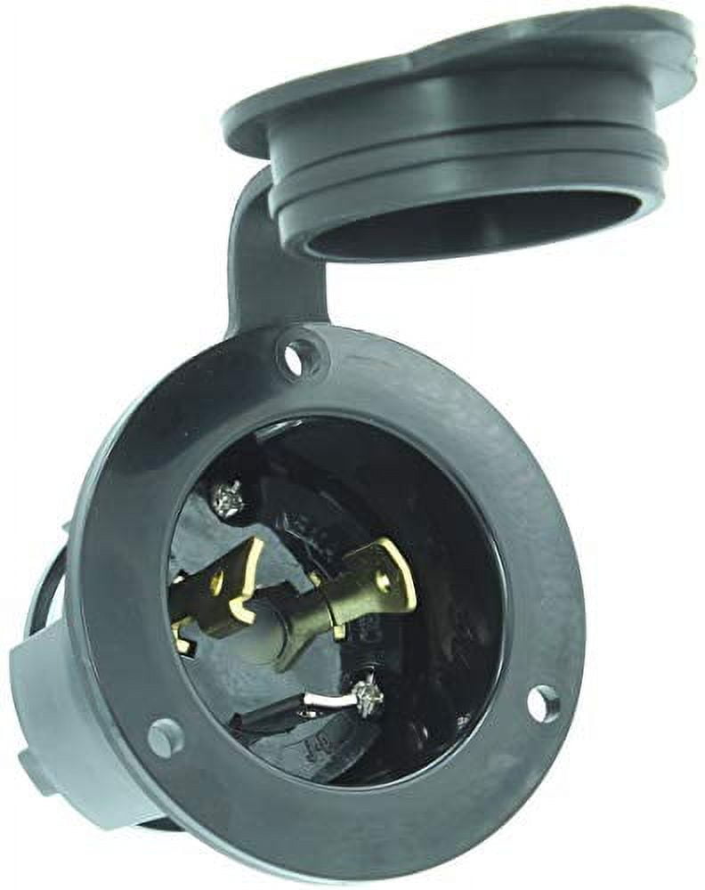 Journeyman-Pro 2615, NEMA L5-30 Flanged Inlet Generator Plug, 30A 125 Volt, Locking Receptacle Socket, Black Industrial Grade, Grounding 3750 Watts (With Waterproof Cover)