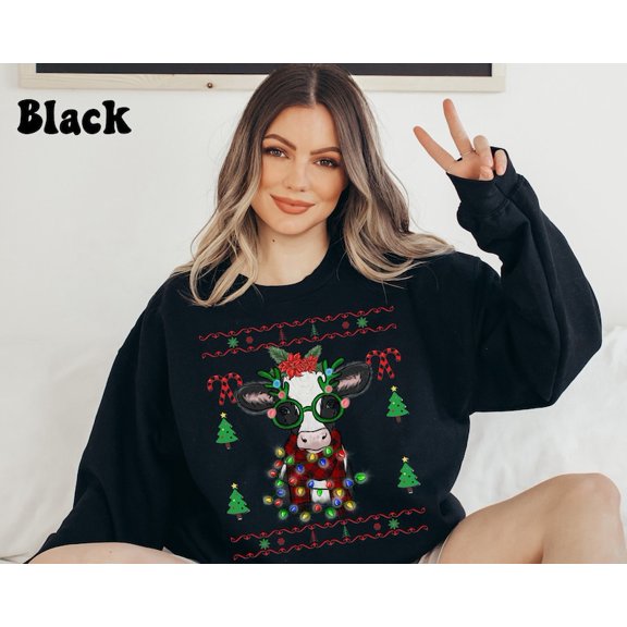 Cow Holiday Sweater, Cow Christmas Lights Christmas Sweater, Funny Christmas Sweatshirt, Cow Lover Xmas Gift Farm, Xmas Sweater