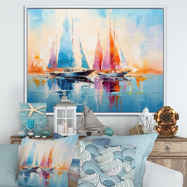Designart Large Boat Sailing framed wall Art, Sailboat Abstract Coastal Euphony I , Boat Sailing framed wall art decor, Multi-Color Modern White Framed Wall Art, White Color Frame