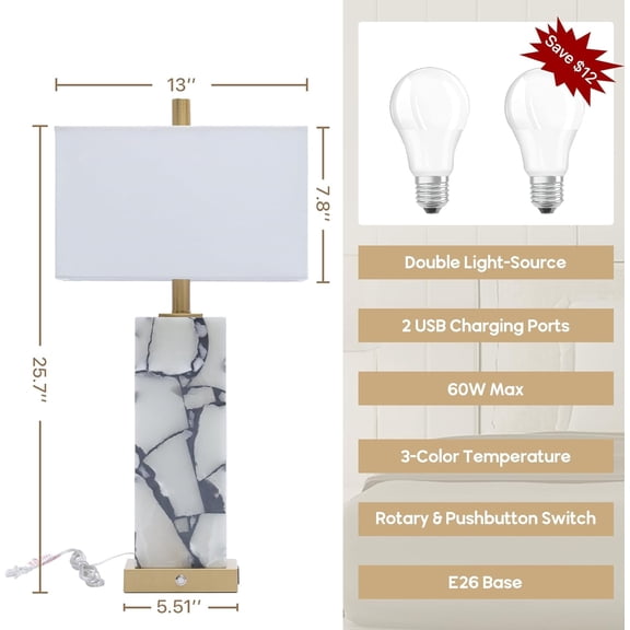 Natural Marble Table Lamps Set of 2 with USB Charging Ports and 3-Color Temperatures for Bedroom Nightstands