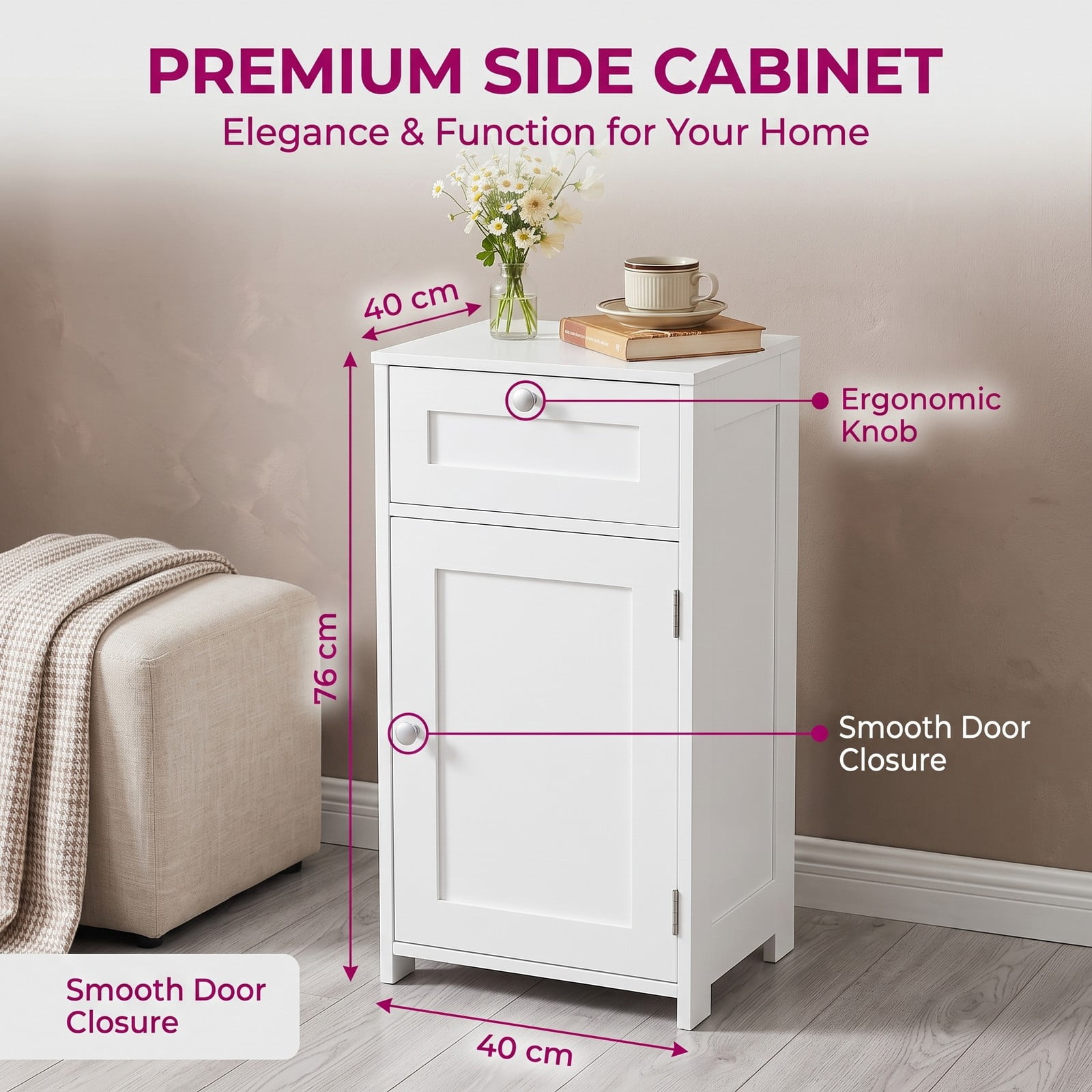 Fenbeli Single Door Bathroom Cabinet with Adjustable Shelf and Drawer, Freestanding Floor Storage Organizer Cabinet for Bathroom, Living Room, Entryway with, White