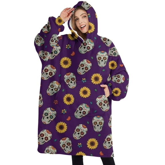 Oversized Wearable Blanket Hoodie,Purple Skull Sunflower Pattern Sherpa Blanket Hoodie with Super Pockets,Super Warm Fuzzy Pullover for Women & Men
