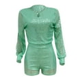 thumbnail image 3 of Plus Size Jumpsuit Women'S Round Neck Long Sleeved Split Sequin Shorts Jumpsuit,Green Women'S Polyester Shorts S, 3 of 4