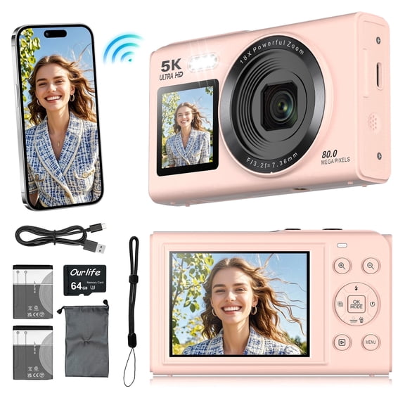 Ourlife Dual Screens 5K Digital Camera for Vlogging - 80MP, 18X Zoom, Autofocus, Compact Travel Camera Include 64GB Card & 2 Batteries, Pink
