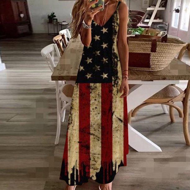 Puntoco Vestidos Mujer Verano Estilo Verano Mujer Día De La Independencia Impreso Correa De Vacaciones Vestido con Cuello En V
