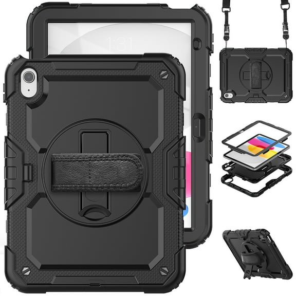 Elehold iPad Rugged Military Shockproof Case For iPad 11th Generation(A16) 2025 with Screen Protector, Detachable Shoulder Strap Pen Holder Rotating Kickstand Full Body Protection Case,Black