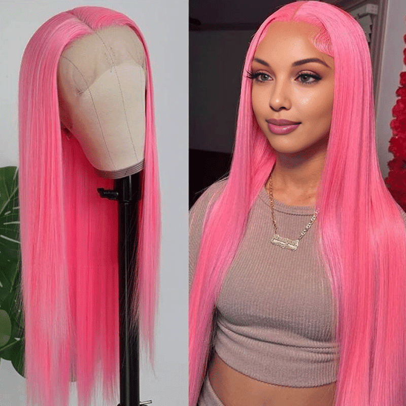 Rose Pink Colored 13x4 Lace Front Wig Straight Brazilian Remy Human Hair Wigs Preplucked Natural Hairline High Density Elegant Hairstyle For Women Daily&Birthday&Wedding Use Wig 180 Density 18 Inch