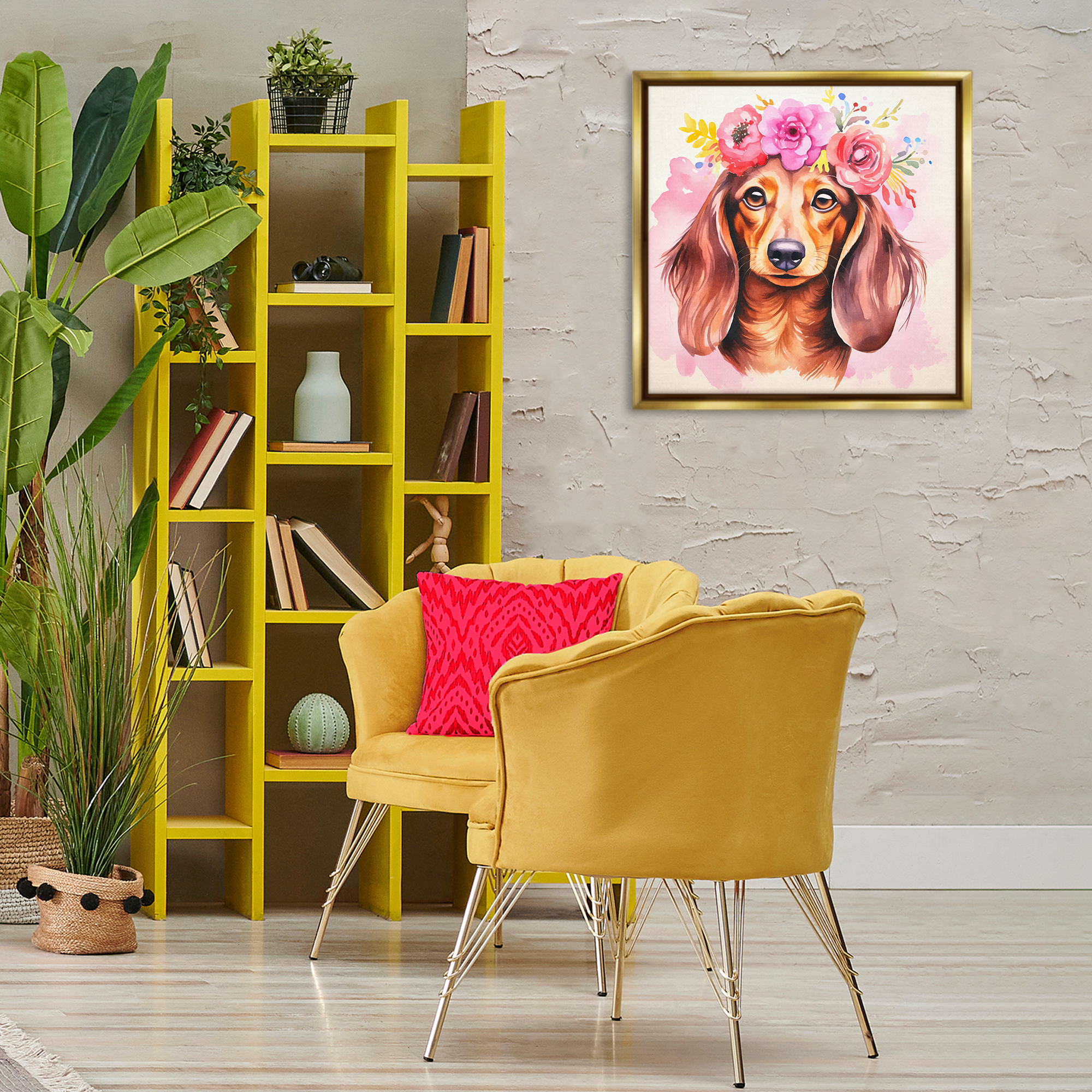 Stupell Industries Boho Wiener Dog Dachshund Animals Painting Gold Floater Framed Canvas Art Print Wall Art, 25 x 25