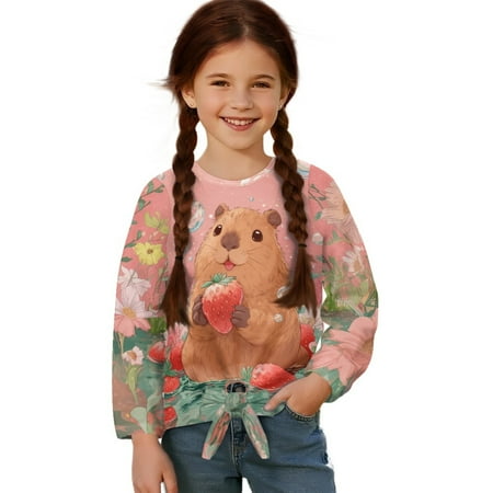 Xixirimido Guinea Pig Strawberry Floral Pink Printed Girls Long Sleeve Shirts Casual T-shirt Loose Fit Tunic Tops Crewneck Blouse Tees for Fall Winter Size 7-8