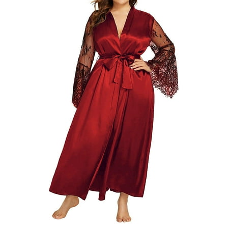 

DNDKILG Satin Lace Long Sleeve Bridesmaid Robe Loungewear for Women Long Kimono Bathrobe Robes Bride Party Silky Sleepwear Red 4XL