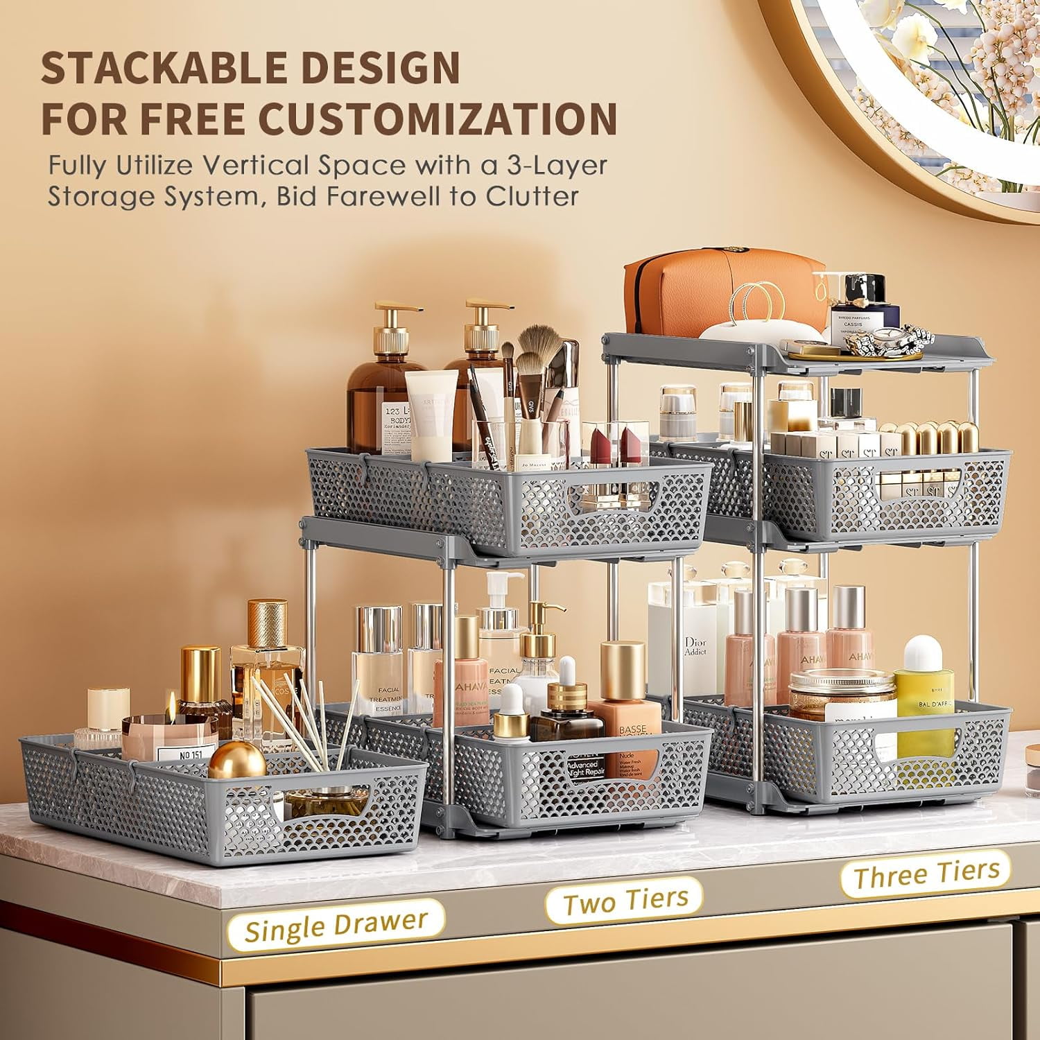 TAIMASI Pull-Out 3 Tier Bathroom Organizers and Storage, Under Sink Organizer, Kitchen Cabinet Organizer Gray, 2 (Count)