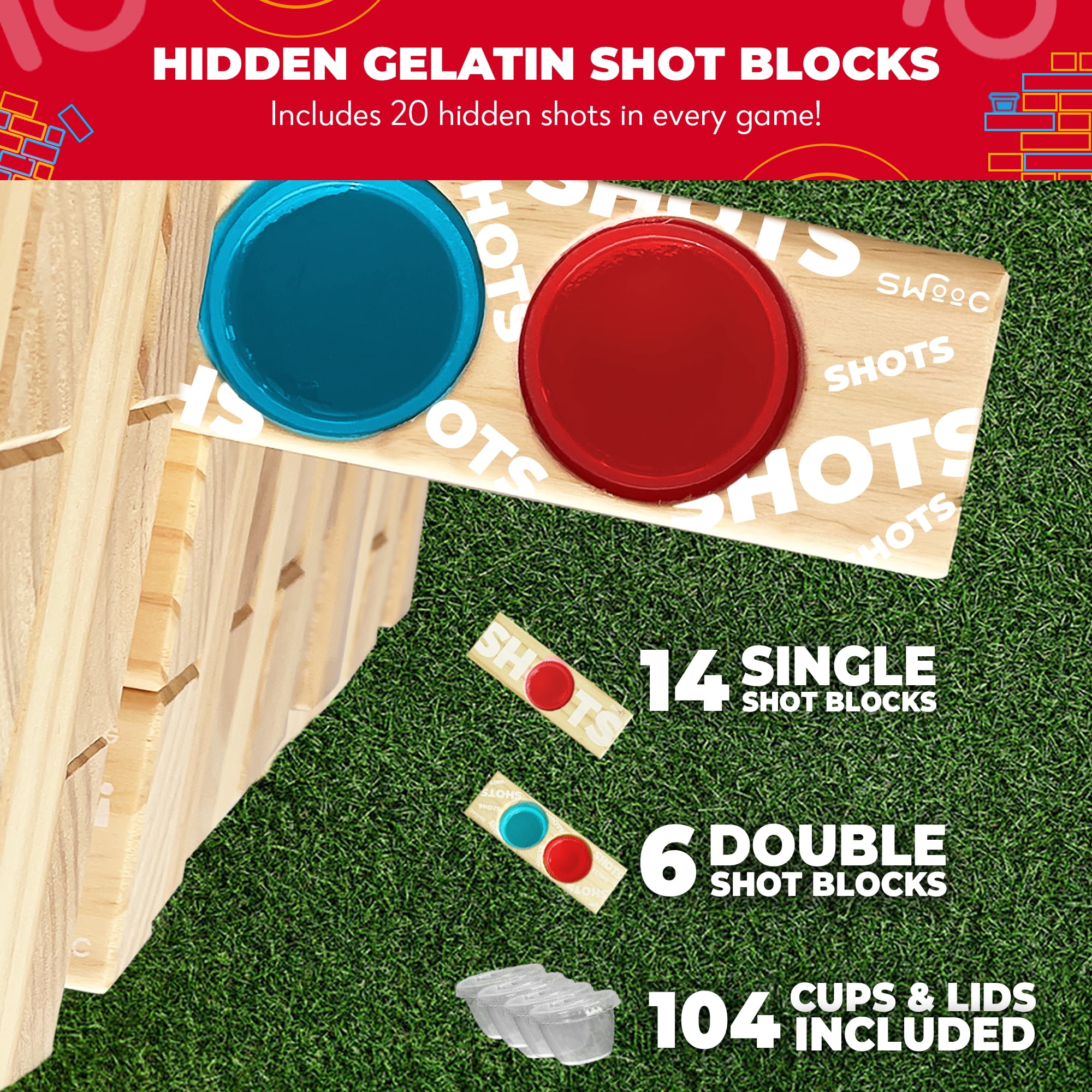 SWOOC Games - Giant Tower Party Game with Hidden Jello Shots - Includes Disposable Cups, Lids & Carrying Case - Stacks up to 5ft - Tipsy Topple Game For Adults - Giant Outdoor Games - Jumbo Bar Games