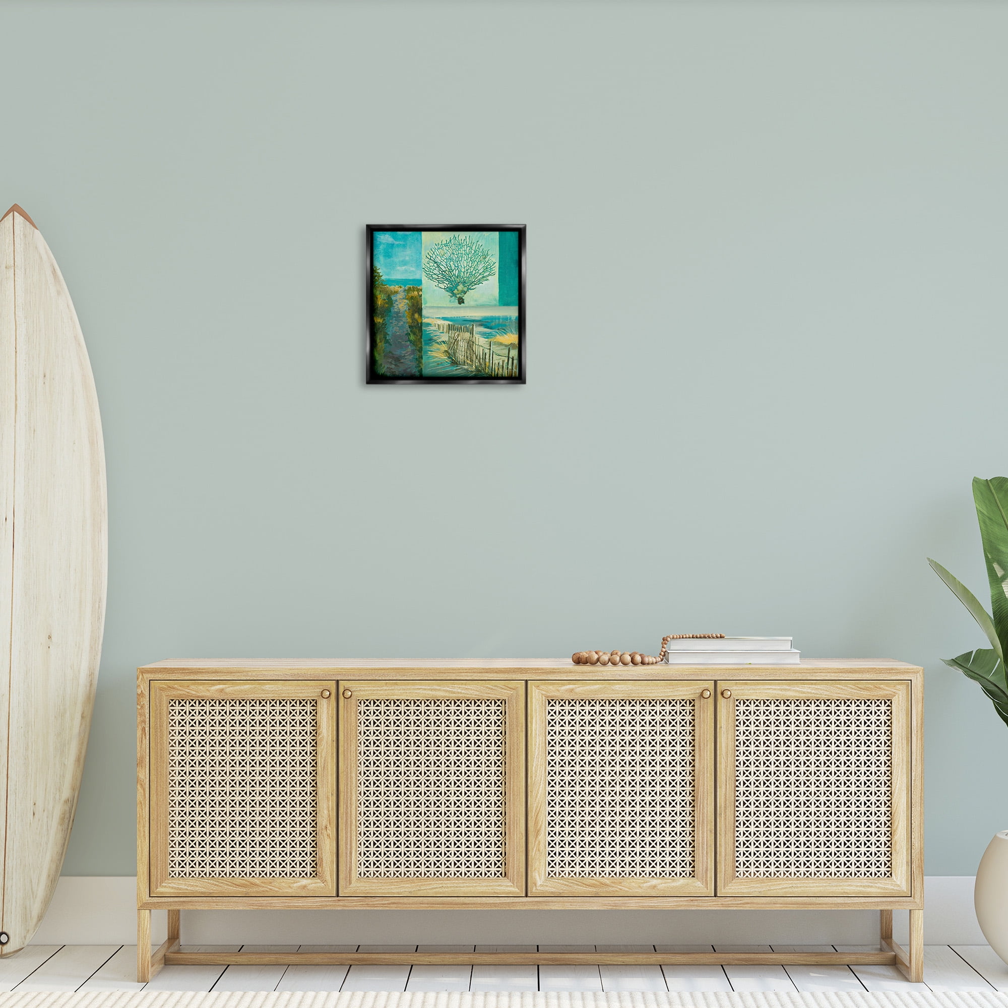 Stupell Industries Modern Beach Coral Collage Landscape Painting Black Floater Framed Canvas Art Print Wall Art, 18 x 18
