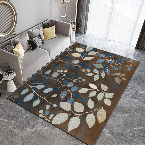 Brown And Blue Leaves Area Rug - Vines And Floral Rugs, Non-Shedding & Stain Resistant Carpet For Living Room, Office Bedroom Children's Bedroom Decoration