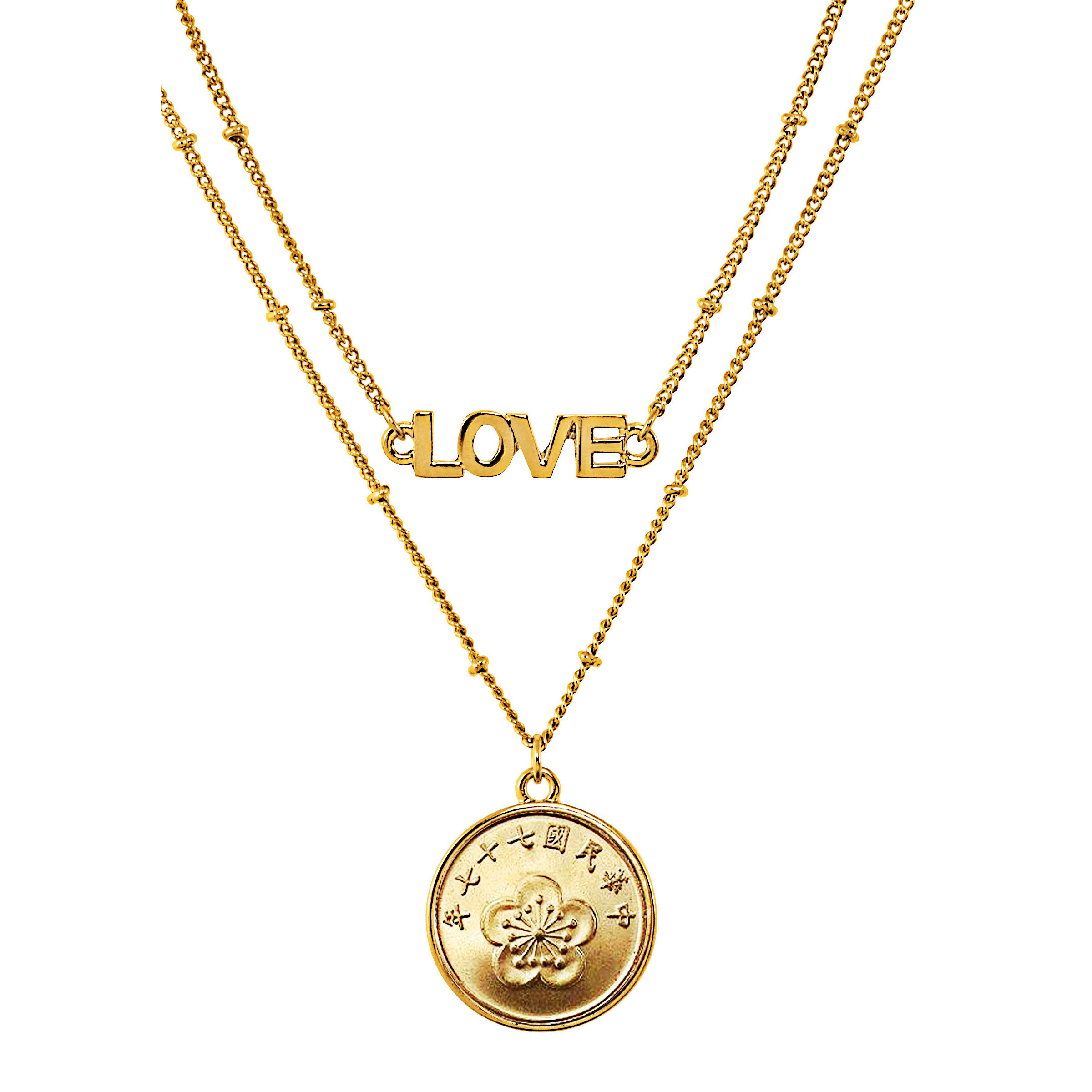 Lucky Coin Necklace Pendant Double Strand Love Chain Genuine Chinese Coin Goldtone Saturn