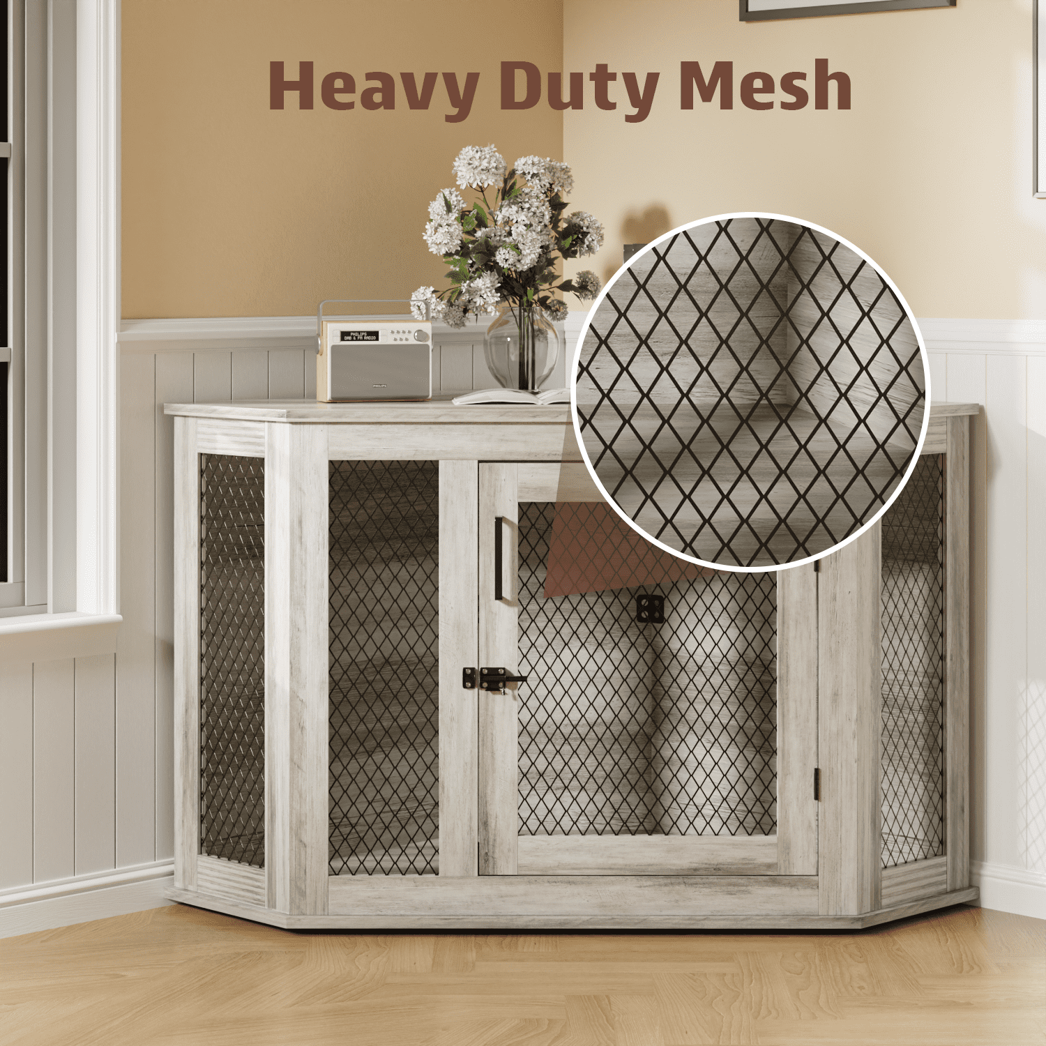 Bossin 52"Corner Dog Crate Furniture，Wooden Dog Kennel Indoor Furniture，Decorative Dog Crate, Dog Kennel TV Stand End Table for Small to Large Dogs