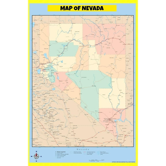 Nevada Map Poster - Laminated Wall Map - Style C - 18x24 - Ideal for Classrooms and Homes – Features Bright Colors and Vivid Imagery