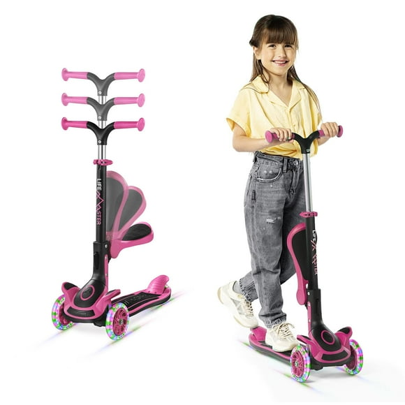 Kids Scooter – Foldable Seat – LED Wheel Lights Illuminate When Rolling – Children and Toddler 3 Wheel Kick Scooter – Adjustable Handlebar – Indoor and Outdoor- Pink - by Lifemaster
