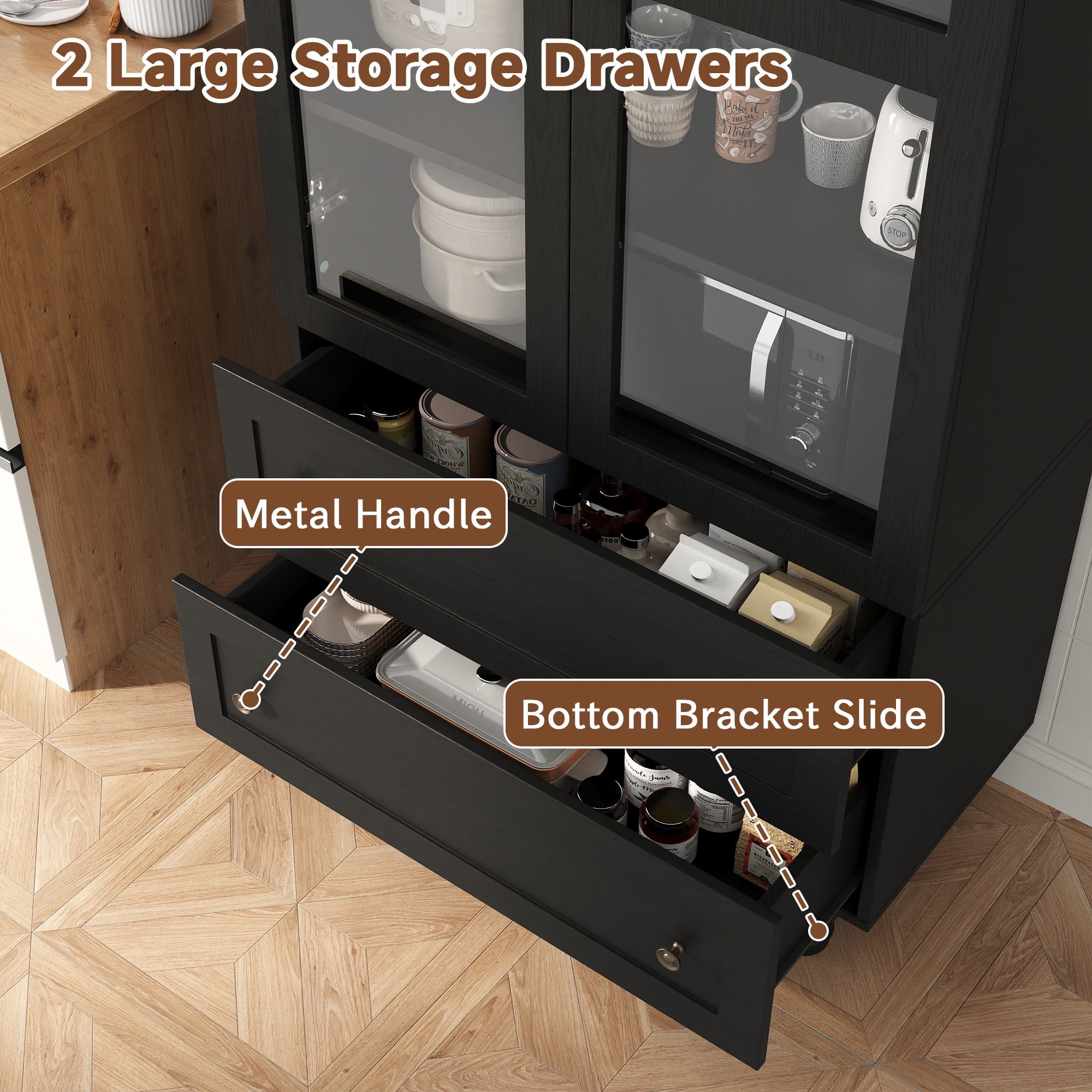 Arched Kitchen Pantry Cabinet & Display Cabinet with Glass Doors, 4 Shelves, 2 Drawers, Solid Wood Legs, 71 inches in Height, Suitable for Kitchen, Bedroom and Living Room, for Easy Storage