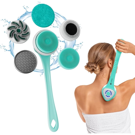 FIRSTHEALTH 6-in-1 Electric Exfoliating Body Scrubber for Women & Men, USB-C Powered, IPX7 Waterproof Back Scrubber & Foot Scrubber Brush, 3 Intensity Modes Detachable Shower Brush with Long Handle