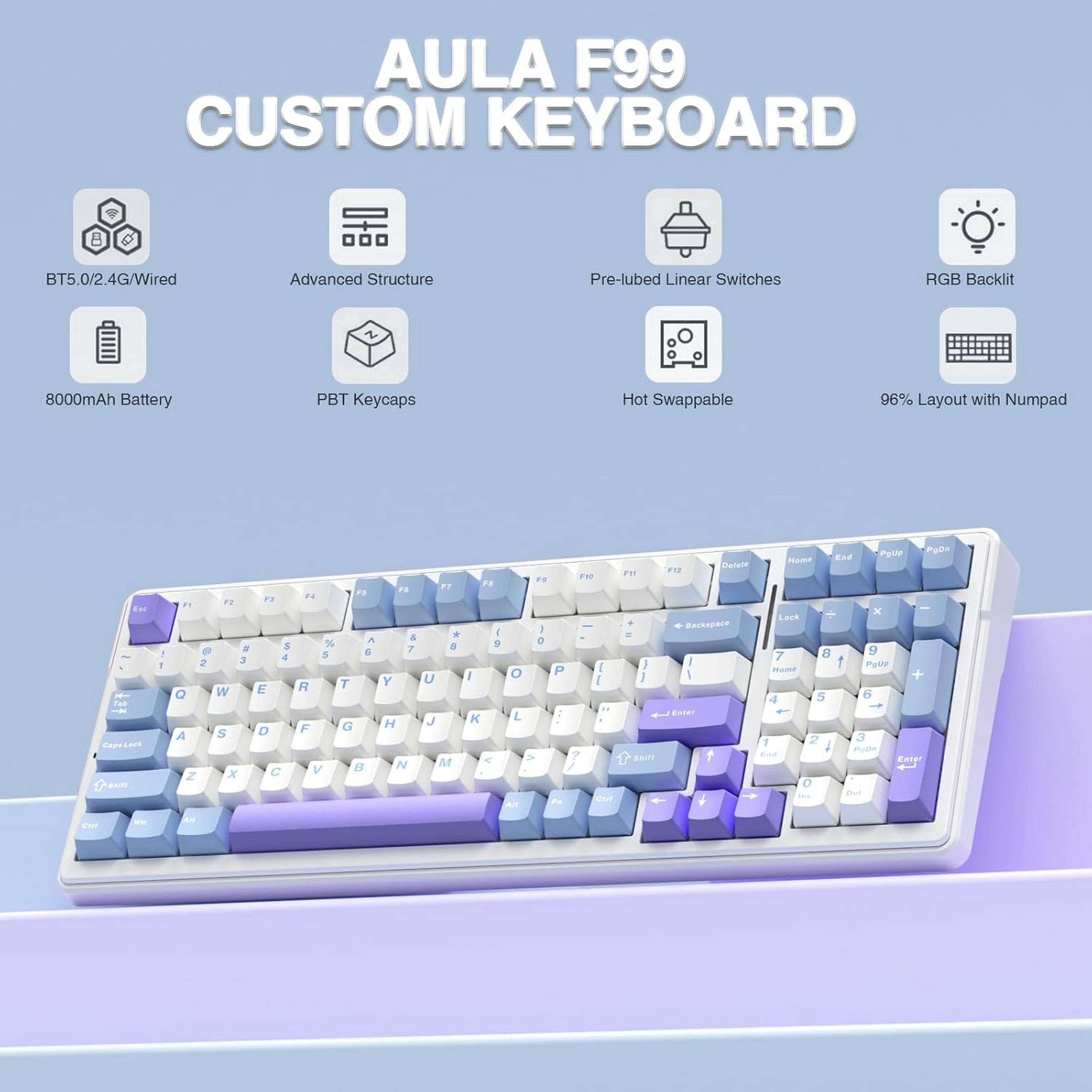 AULA F99 96% Wireless Mechanical Keyboard, Hot Swappable, Tri-Mode Bluetooth 5.0/2.4GHz/USB-C, Pre-Lubed Linear Switches, RGB Backlit, Macro Support,Blue/Purple/White