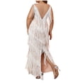 thumbnail image 3 of Womens Round Neck Sleeveless Tassel Gown Evening Dress Plus Size Solid High Low Fringe Formal Maxi Dress Wedding Guest Dresses S-80 White XXL, 3 of 9