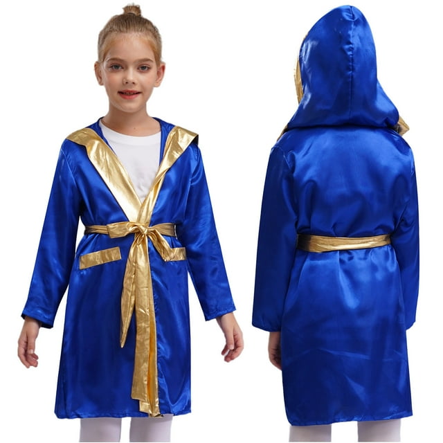 TiaoBug Kids Boys Boxing Robe Metallic Hooded Boxing Tops Cloak Boxer Long Sleeve Open Front Hooded Cloak with Belt Set Royal Blue 16