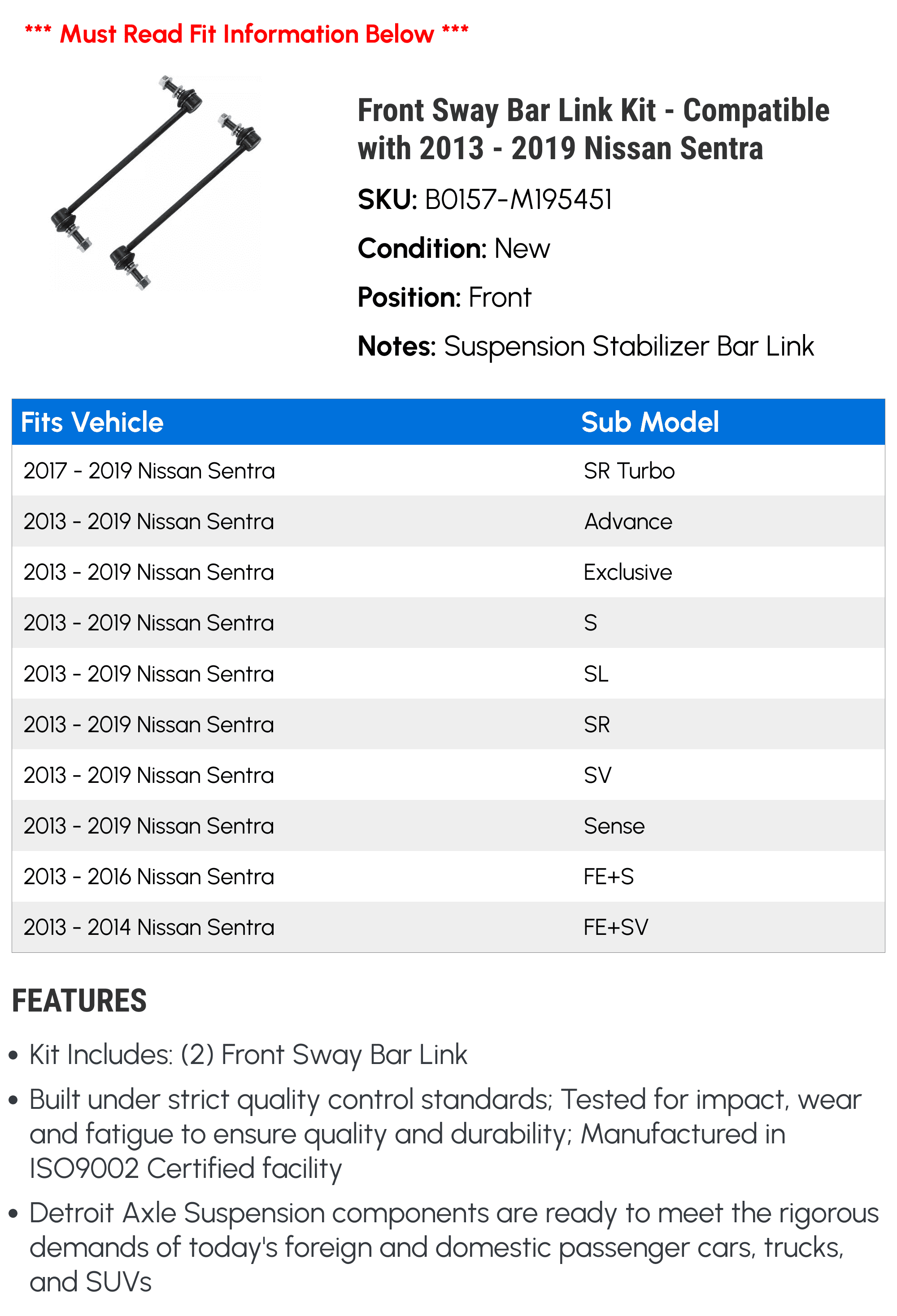Front Sway Bar Link Kit - Compatible with 2013 - 2019 Nissan Sentra 2014 2015 2016 2017 2018