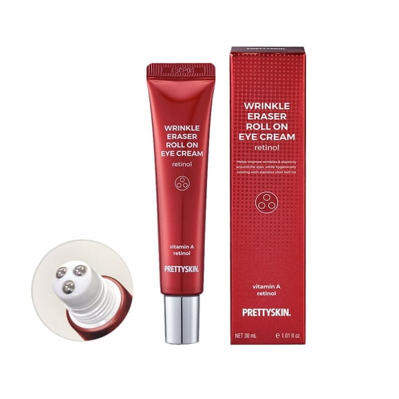 PS.PRETTYSKIN Crema para ojos roll on con vitamina A y punta de bola de acero inoxidable - Crema para rodillo debajo de los ojos para elasticidad Arrugas Hinchazón Líneas finas - Crema para ojos corea