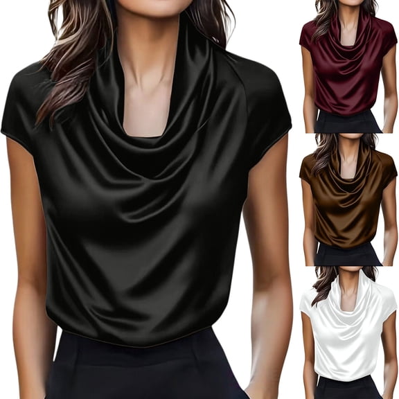 LIZUOJUNF Satin Blouses for Women Cowl Neck Short Sleeve Elegant Shirt Summer Tops Work Office Outfits