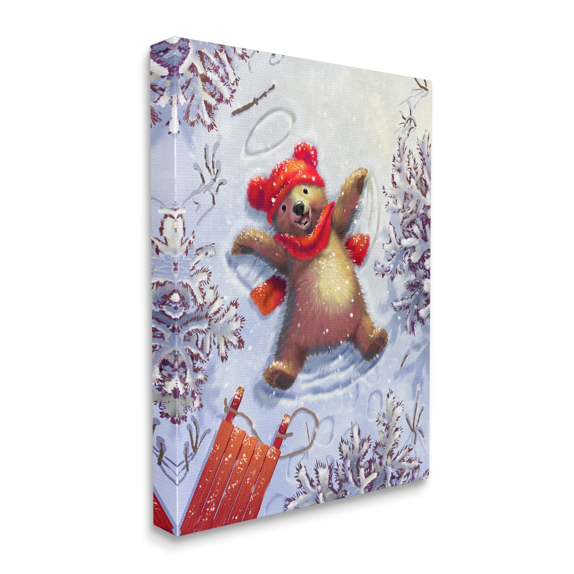 Stupell Industries Bear Cub Snow Angel Sled Holiday Painting Gallery Wrapped Canvas Print Wall Art
