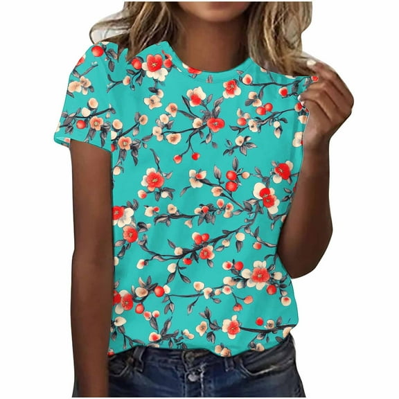 JSheng Women Summmer Printed Top Women Fashion Summer Printed Regular Women Short Sleeves Round Neck Multicolor XL