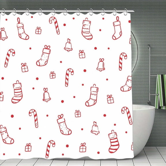 Red Christmas Stockings Print Shower Curtain,Cloth Fabric Waterproof Polyester Bathroom Home Decor Set with Hooks 70.8×70.8Inch