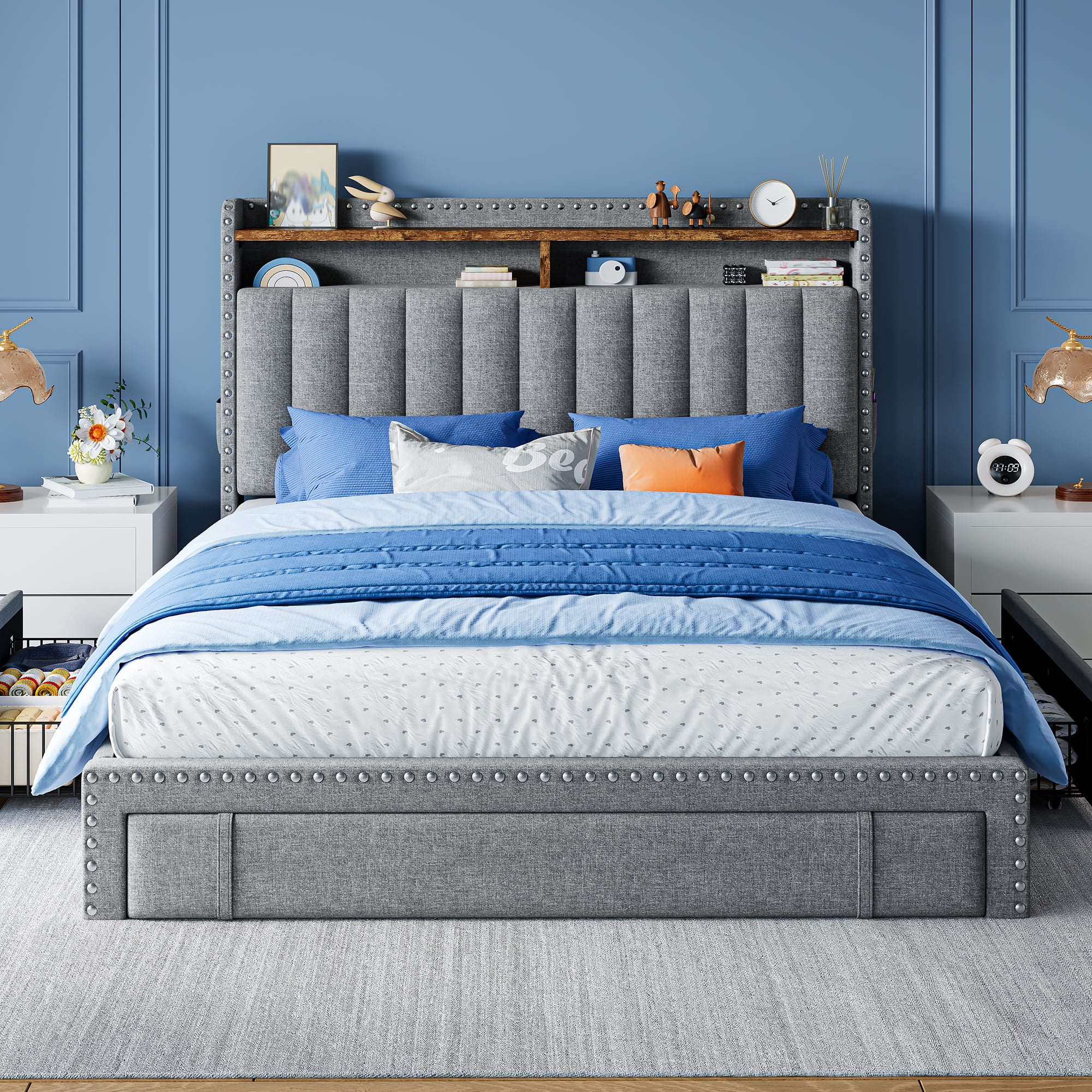 EnHomee Upholstered Full Size Bed Frame with Headboard and Storage, Sturdy Full Bed Frame with 3 Drawers, No Noise, Grey