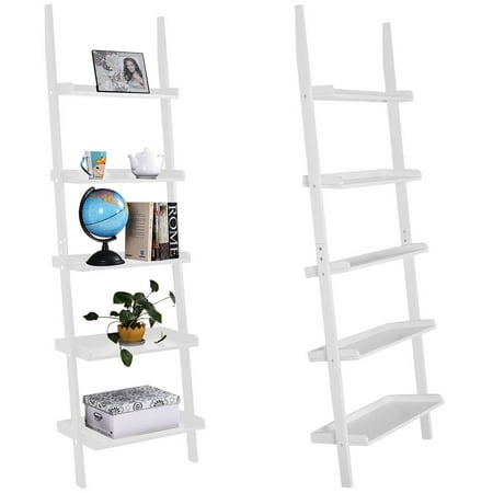 Slotted Display Shelf - Costway Versatile White 5-Tier Bookshelf Leaning Wall Shelf Ladder Bookcase Storage Display Furni