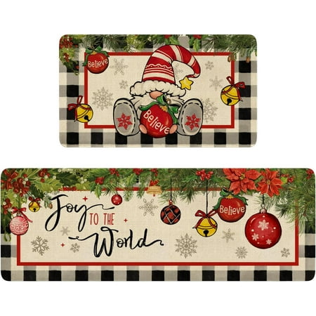 

Merry Christmas Kitchen Rugs and Mats Set of 2 Buffalo Plaid Gnome Believe Poinsettia Ball Joy to The World Winter Holiday Sink Mat Non Skid Washable for Home Farmhouse Floor Decor 17 x47 +17 x30