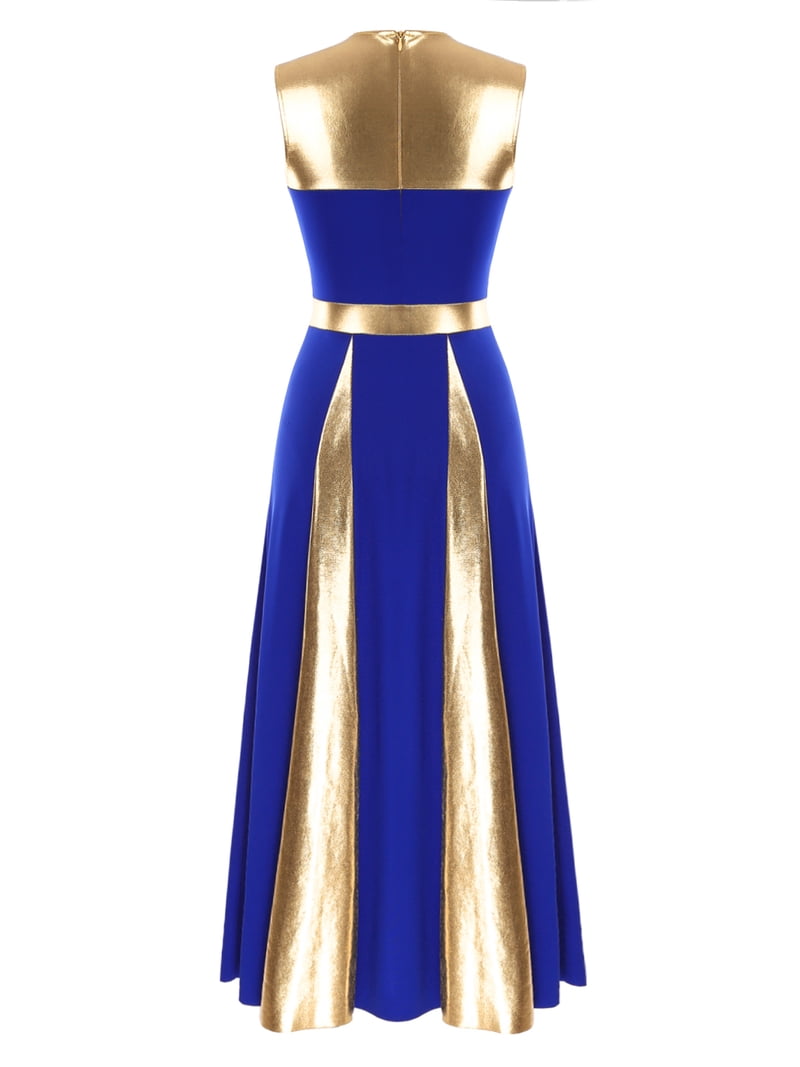 Doomiva Women Metallic Gold Praise Dance Dress Full Length Liturgical Lyrical Dancewear Worship Dress Blue XL