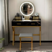 LVSOMT Modern Vanity Table Set with LED Round Mirror for Bedroom, 2 Drawers and Stool, Marble Black Finish