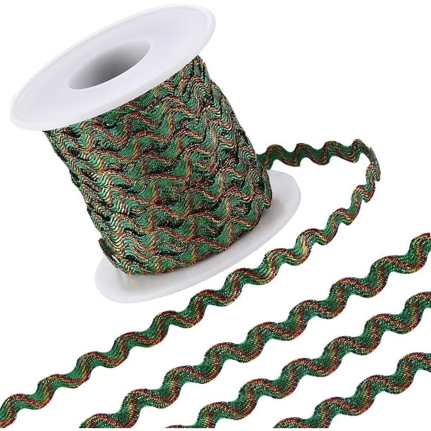 Cinta metálica RIC Rac de 16,4 yardas/15 m, flecos ondulados verdes brillantes de 1/4 de pulgada, cinta tejida en zigzag