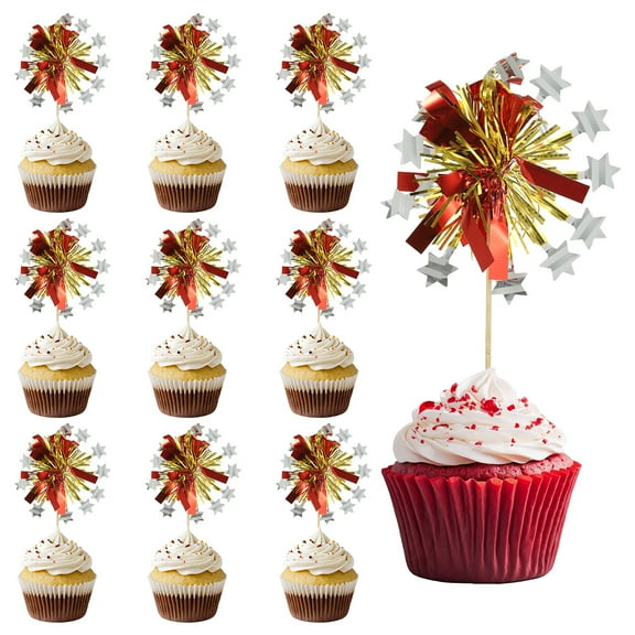 Uxcell Cupcake Toppers Sparkle Tinsel Star Cupcake Picks Birthday Party Graduation Wedding Foil Cocktail Red Gold