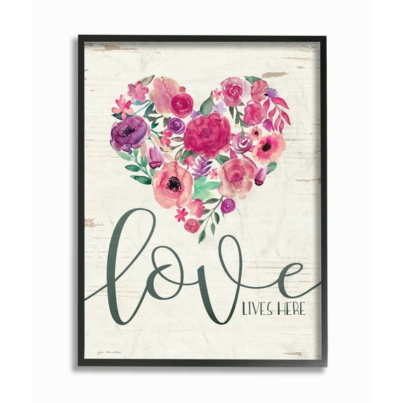 Stupell Industries Love Lives Here Flowers Heart White Wood Botanical & Floral Painting Black Framed Art Print Wall Art, 16 x 20