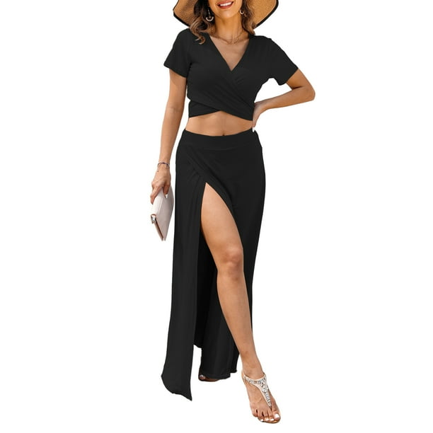 Trajes De Verano De 2 Piezas Conjunto de falda de 2 piezas para mujer Falda corta asimétrica Traje de vacaciones de color sólido Ygjytge Negro S para Mujer
