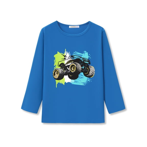 FOSTKU Blue Crewneck T-Shirt for Boys - Soft Long Sleeve Vibrant Monster Truck Graphic Tee Size 8