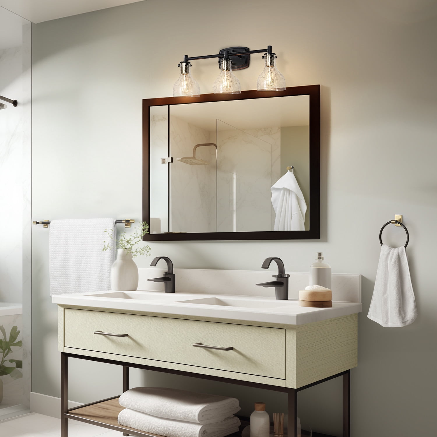 Globe Electric Modern Farmhouse Style 5-Piece Matte Black Bath Set with 24" 3-Light LED Vanity Light