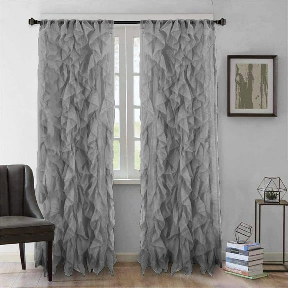 Diamond Home Cascade Window Panel Sheer Voile Vertical Ruffled Waterfall Curtains, 2 Piece Set (50"W x 84"L, Grey)