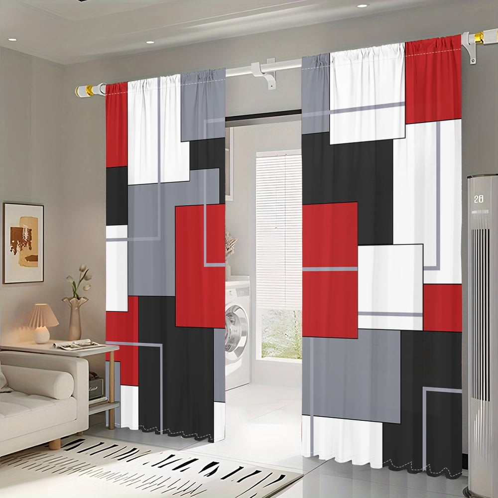 WNOOHIY Red White Black Plaid Patterned Window Curtains for Bedroom and Living Room, Set of 2 Panels