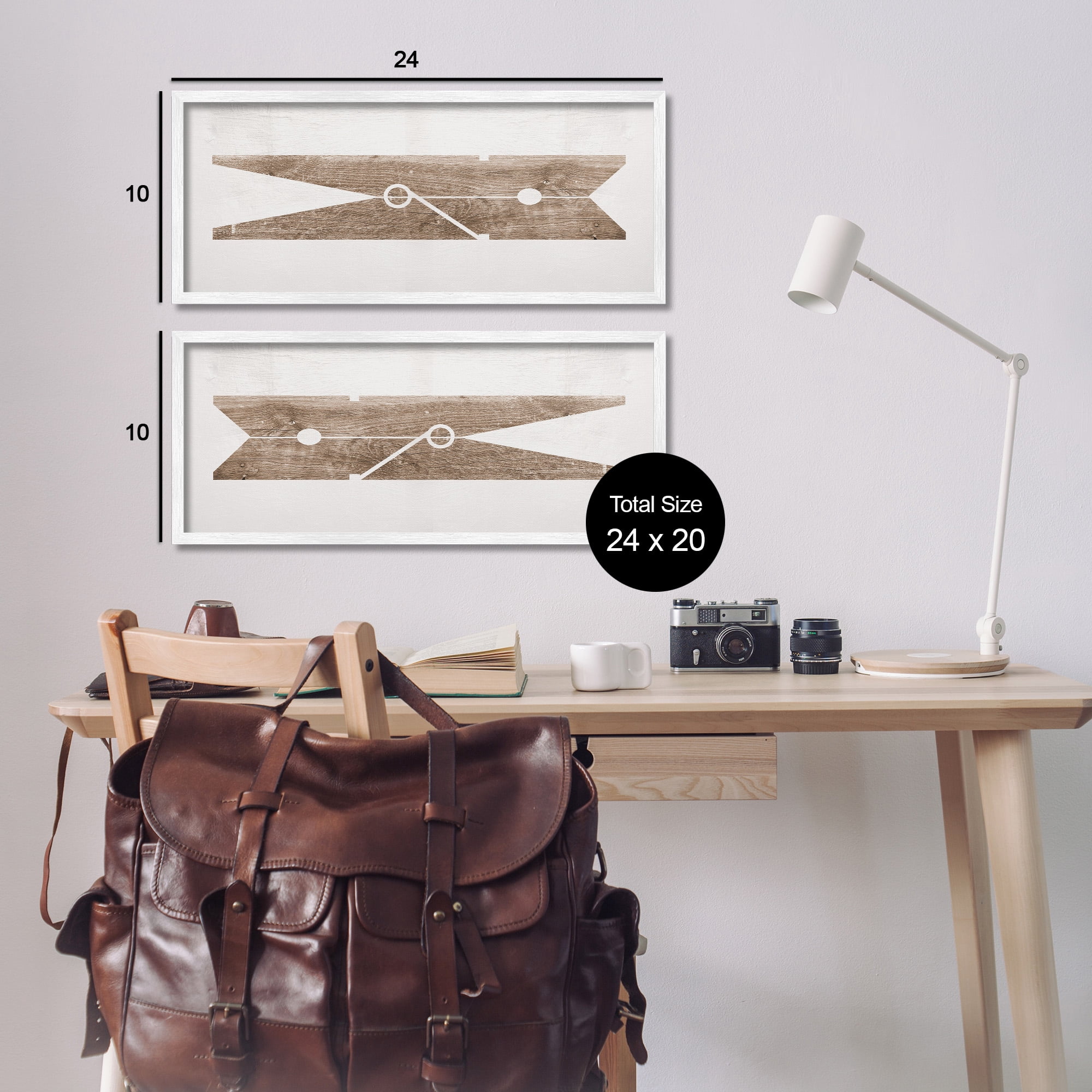 Stupell Industries Minimal Laundry Clothespins Abstract Painting White Framed Art Print Wall Art, 24 x 10, Set of 2