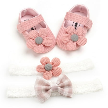 

Cute Baby Big Flower Decor Princess Shoes with 2 Headband Soft Soled Prewalkers