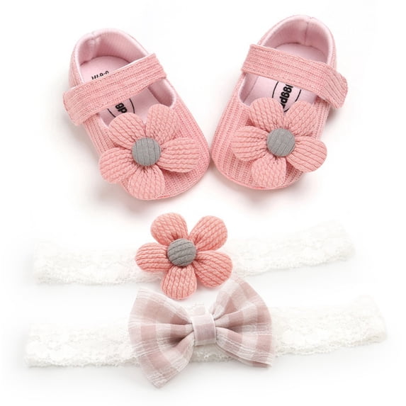 Cute Baby Big Flower Decor Princess Shoes with 2 Headband,Soft Soled Prewalkers