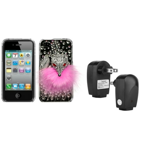 Insten Pink Fox Crystal 3D Case (w/Package) For iPhone 4 4S + USB Travel Charger